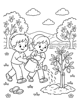 Free printable Children Watering A Tu Bishvat Tree coloring page