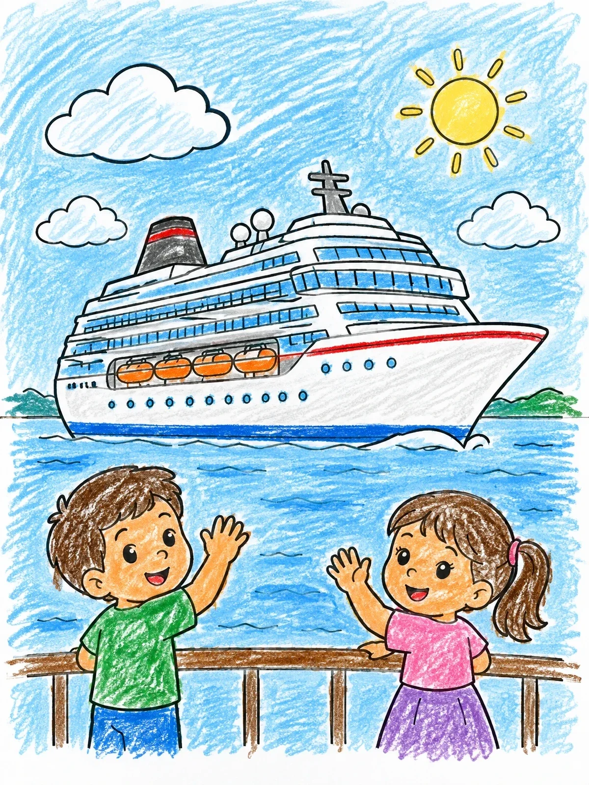 Colored example of the Children Waving At Cruise Ship coloring page