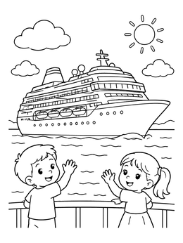 Free printable Children Waving At Cruise Ship coloring page