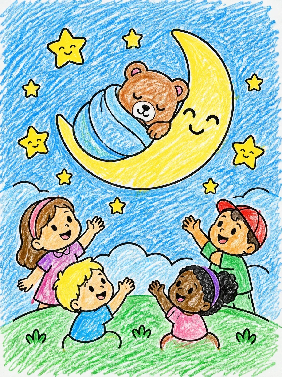Colored example of the Children Waving To Sleeping Bear On Moon coloring page