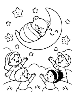 Free printable Children Waving To Sleeping Bear On Moon coloring page