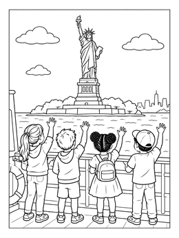 A statue of liberty coloring page showing four children on a ferry deck waving toward the monument in New York Harbor.