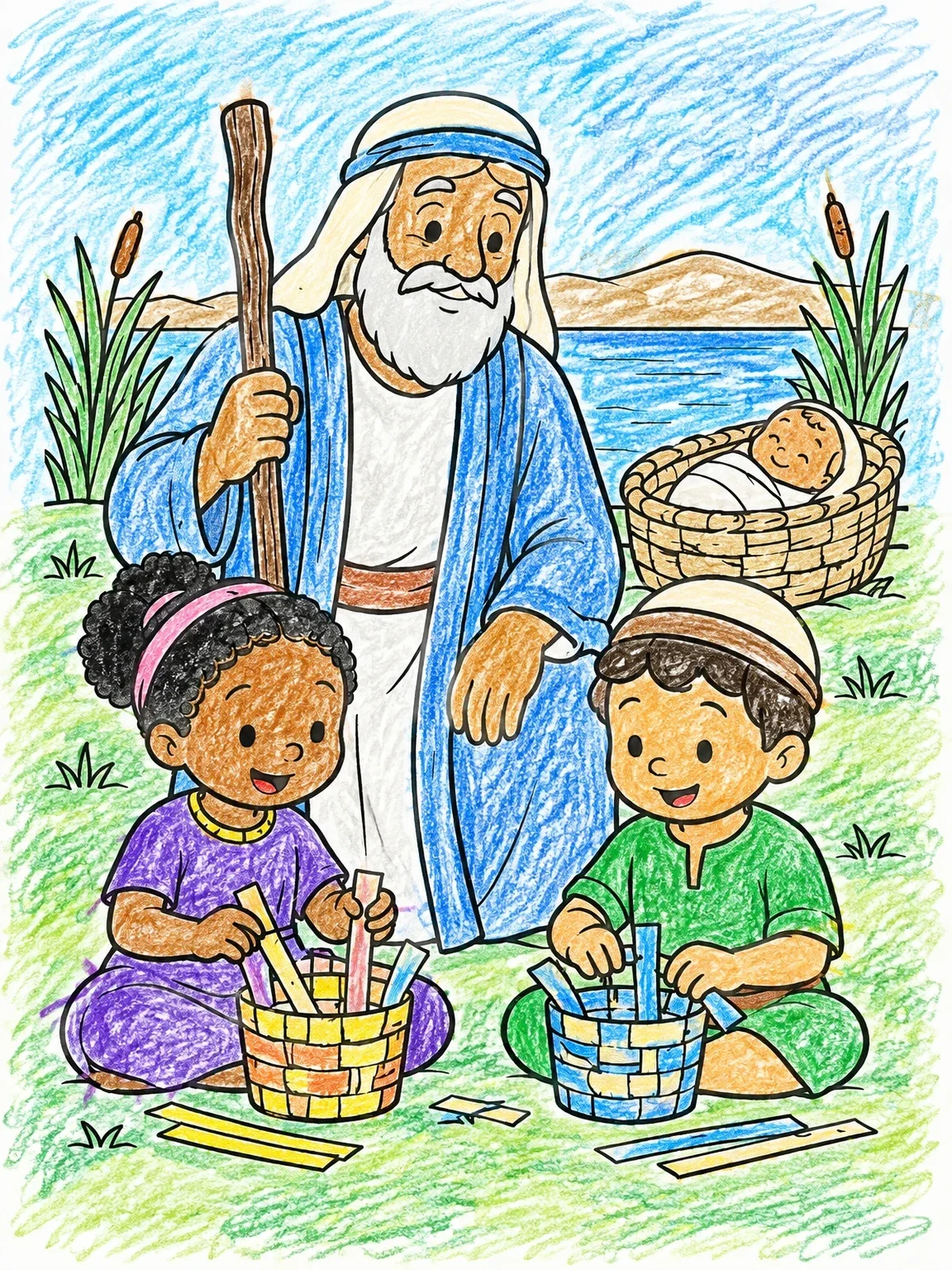 Colored example of the Children Weaving Baskets With Moses coloring page