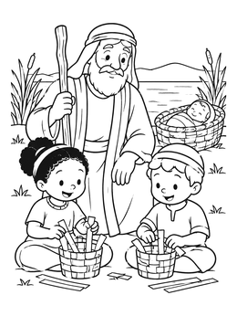Free printable Children Weaving Baskets With Moses coloring page