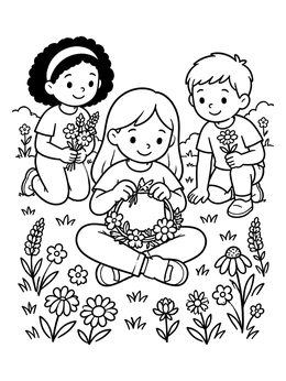 Free printable Children Making Wildflower Head Wreaths coloring page