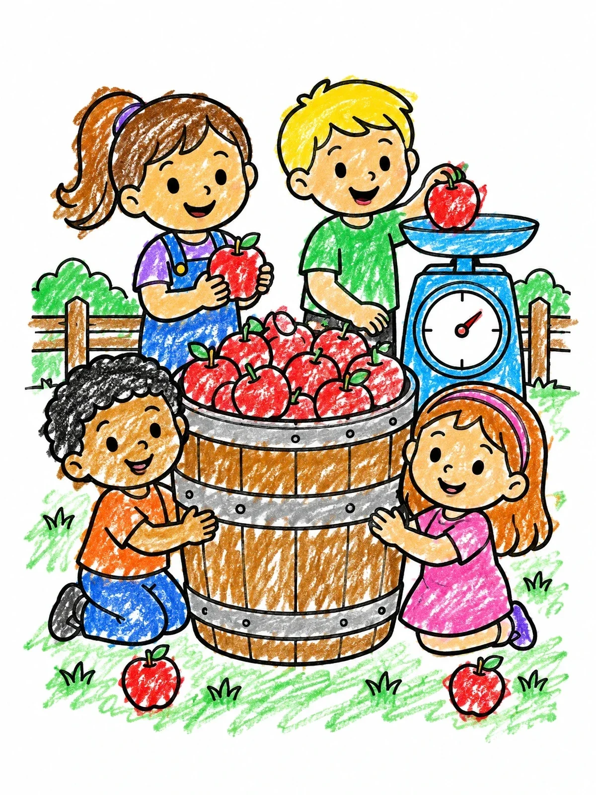 Colored example of the Children Weighing Fresh Orchard Apples coloring page