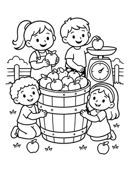 Free printable Children Weighing Fresh Orchard Apples coloring page