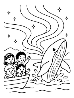 Free printable Children Watching Whale Under Northern Lights coloring page