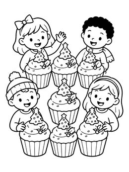 Kids holding sweet treats in this cheerful christmas doodle coloring page.
