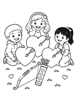 Smiling kids gather around paper hearts in this heart coloring page.