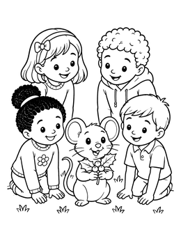Free printable Children Admiring A Christmas Mouse coloring page