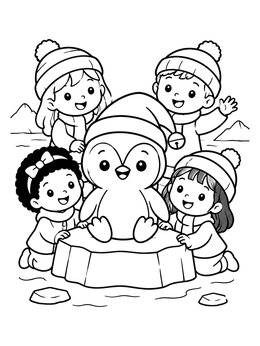 Happy children surround a cute christmas penguin coloring page with a winter hat on an ice floe.