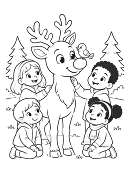 Happy children surround a cute reindeer with a bird on its snout in this nose coloring page.
