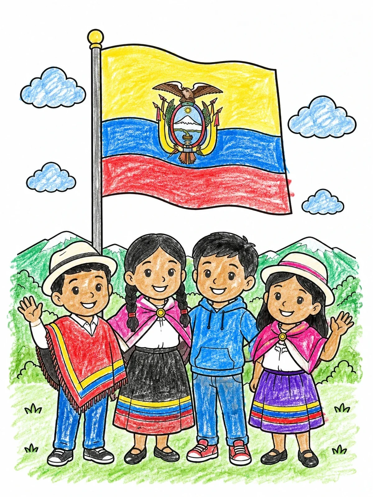 Colored example of the Children With Ecuador Flag coloring page
