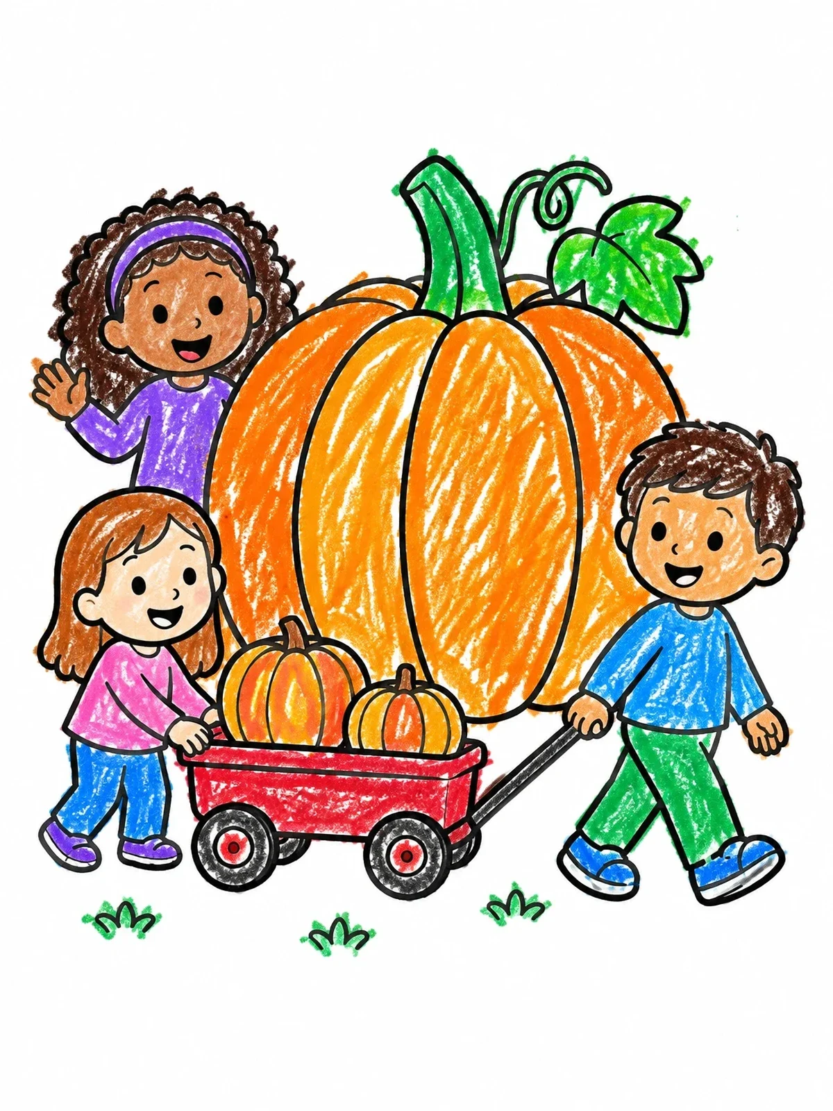 Colored example of the Children With Giant Harvest Pumpkin coloring page
