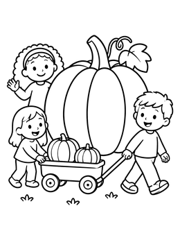 Kids by a pumpkin coloring page with a wagon full of harvest gourds.