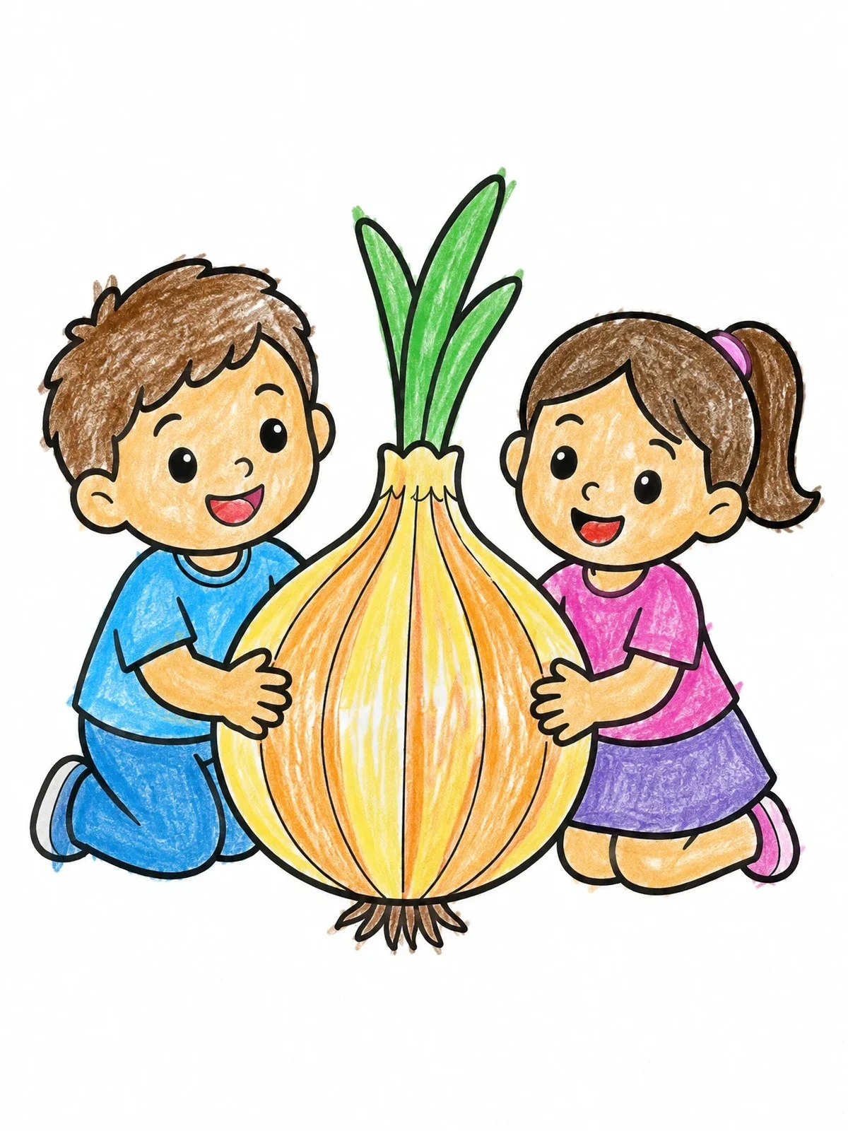 Colored example of the Children Holding A Giant Onion coloring page