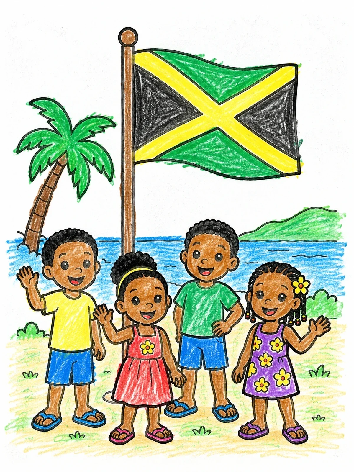 Colored example of the Children With The Jamaican Flag coloring page