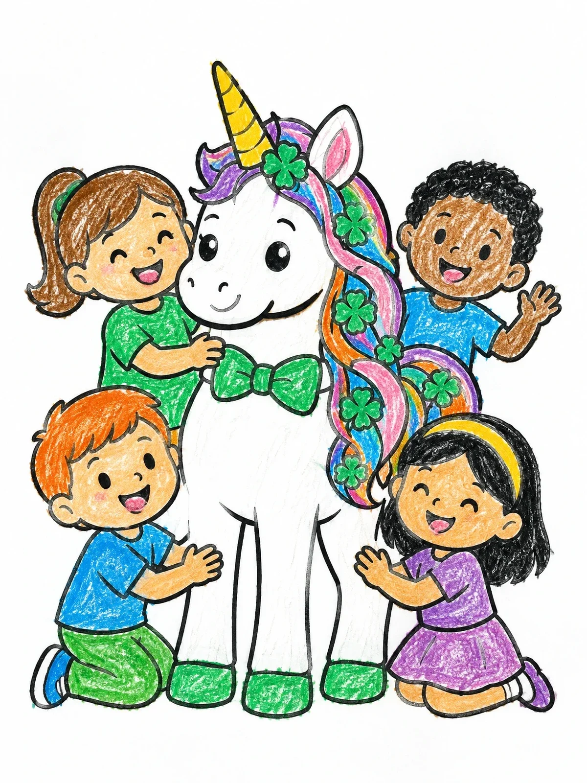Colored example of the Happy Children With St. Patrick's Unicorn coloring page