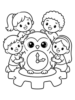 Free printable Children With Cute Steampunk Owl Clock coloring page