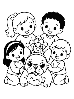 A cheerful thanksgiving dog coloring page with happy children petting a French bulldog in a turkey headband.