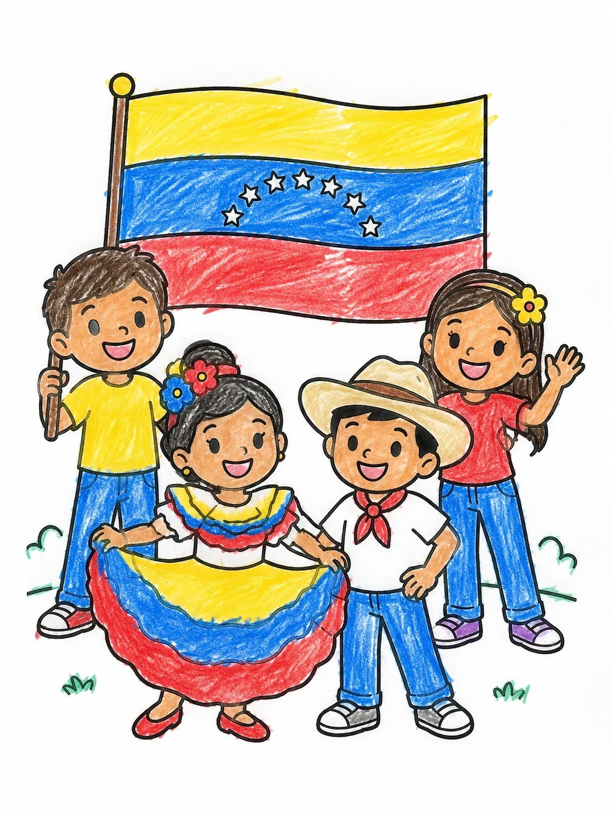 Colored example of the Happy Children With Venezuelan Flag coloring page
