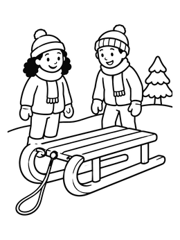 Free printable Children With A Wooden Sled In Winter coloring page