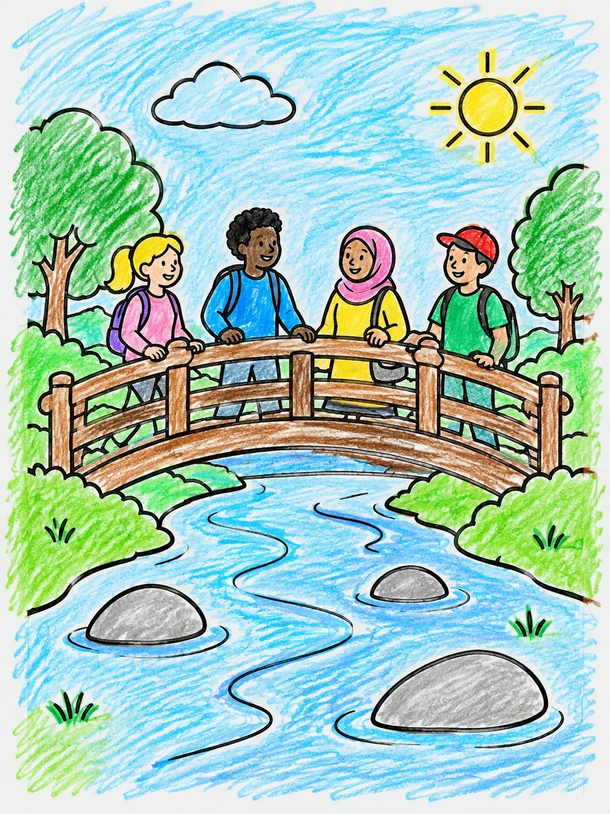 Colored example of the Children On An Arched Wooden Footbridge coloring page