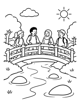 Free printable Children On An Arched Wooden Footbridge coloring page