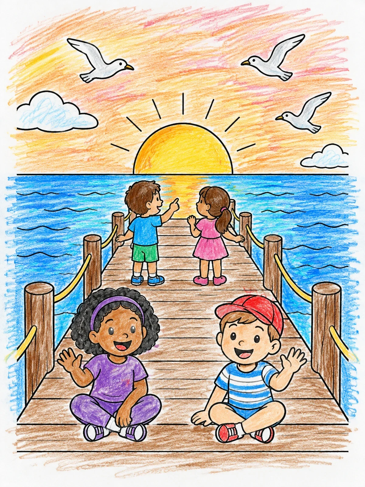 Colored example of the Children On Wooden Pier At Sunset coloring page