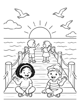 Free printable Children On Wooden Pier At Sunset coloring page