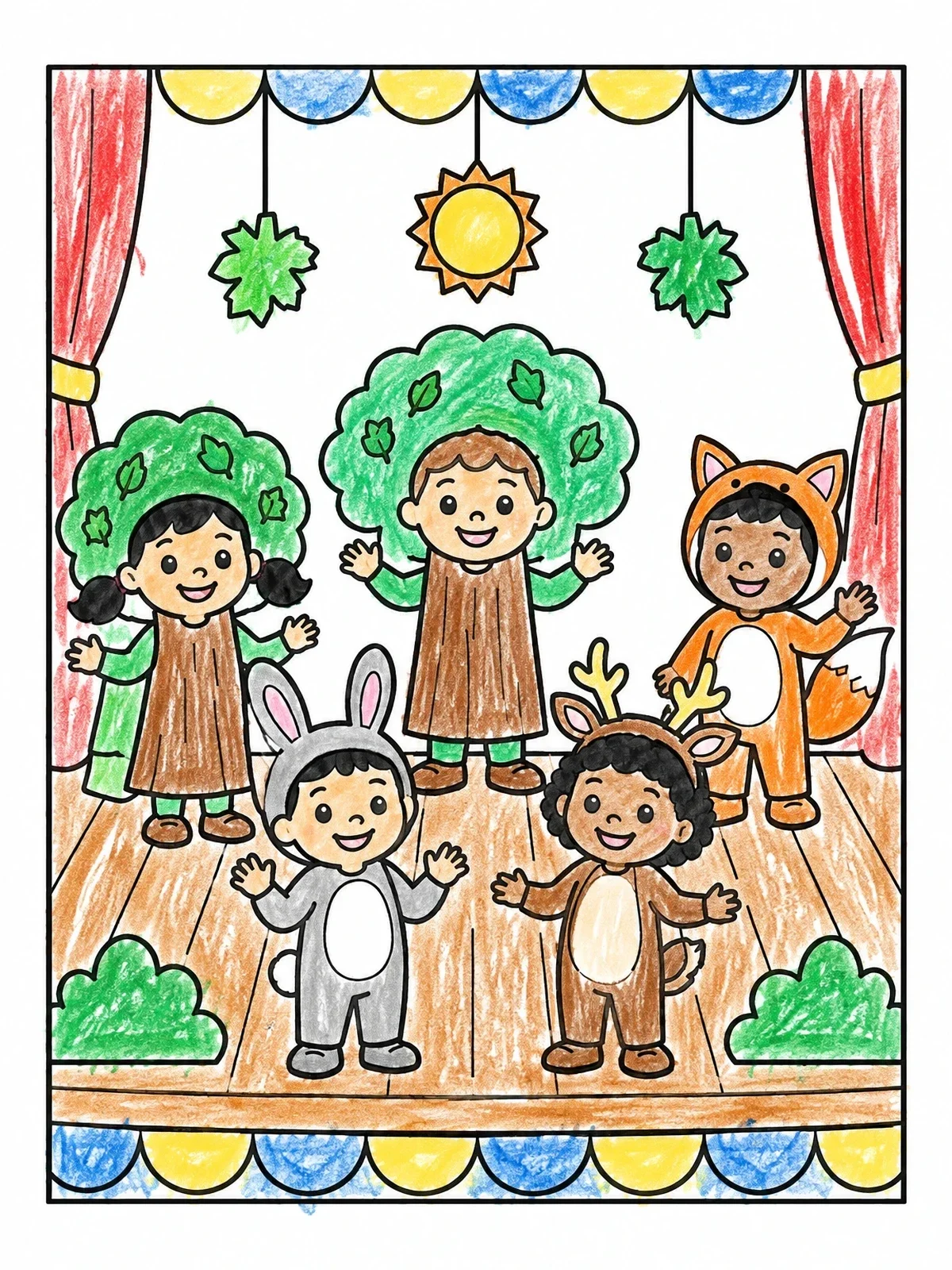Colored example of the Kids Woodland Play On Stage coloring page