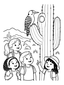 Free printable Children Watching Woodpecker On Saguaro coloring page