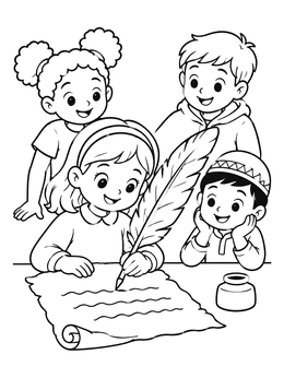 Free printable Children Writing With A Feather Quill coloring page