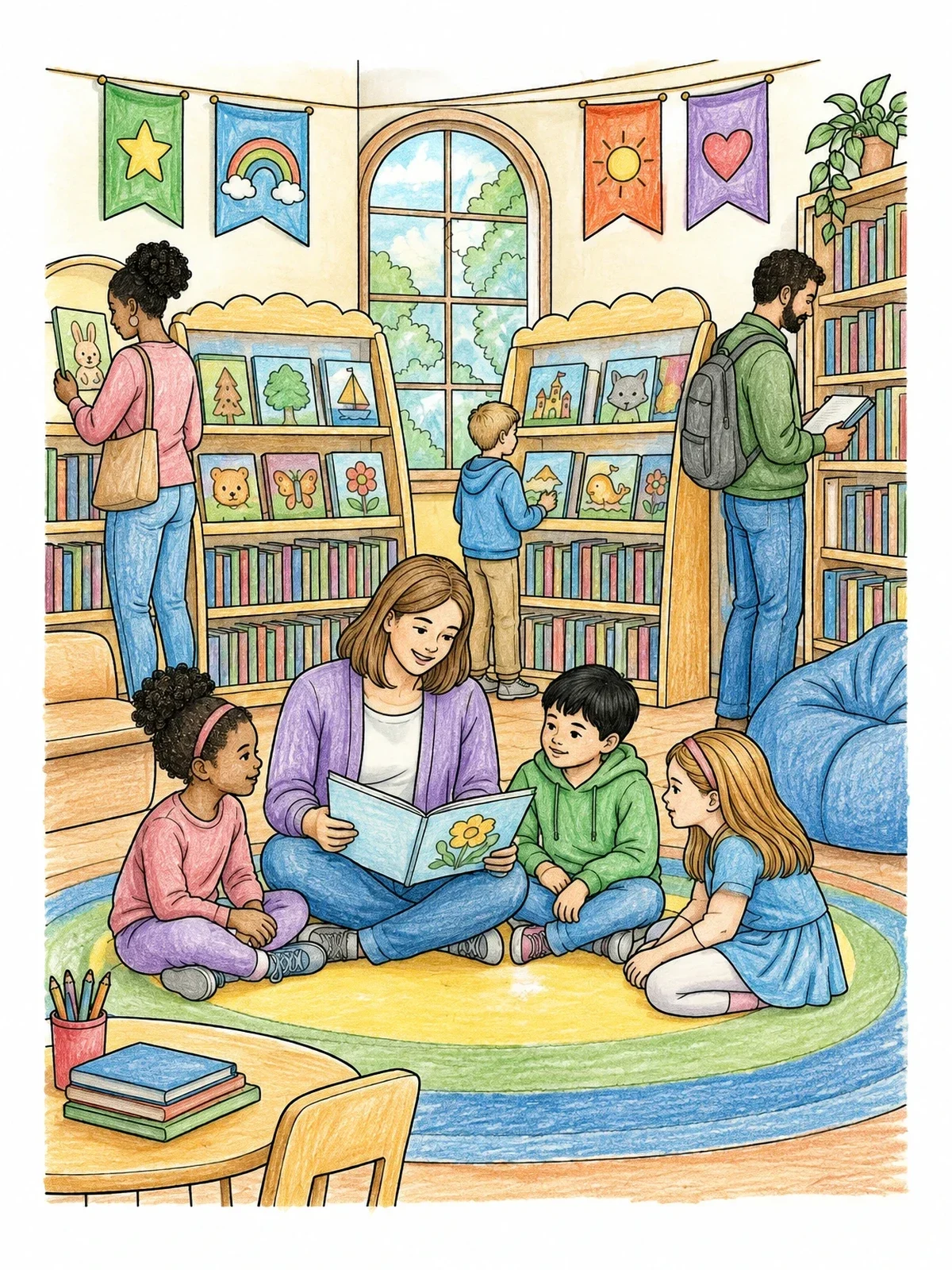 Colored example of the Storytime In The Children's Library coloring page