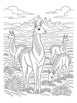 A group of guanacos stands in front of rugged mountain peaks in this chile coloring page.