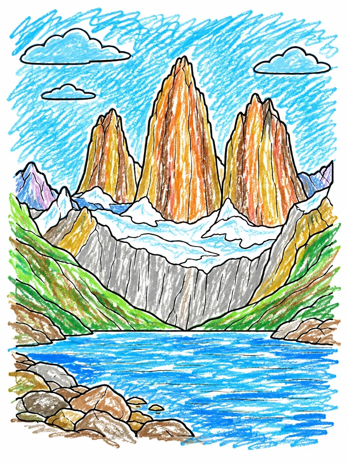 Colored example of the Torres Del Paine Mountain Peaks coloring page