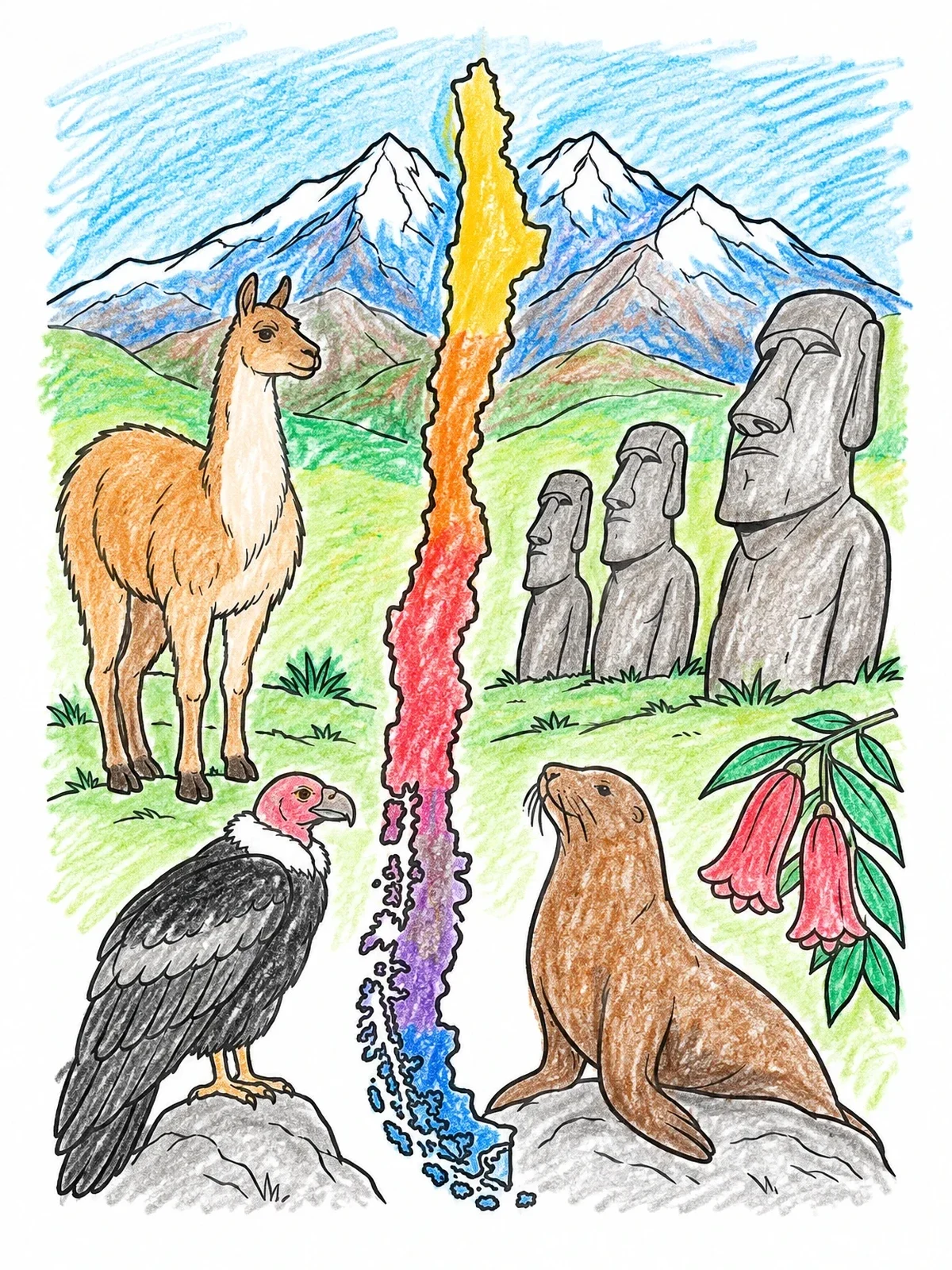 Colored example of the Chilean Wildlife And Landmarks Collage coloring page