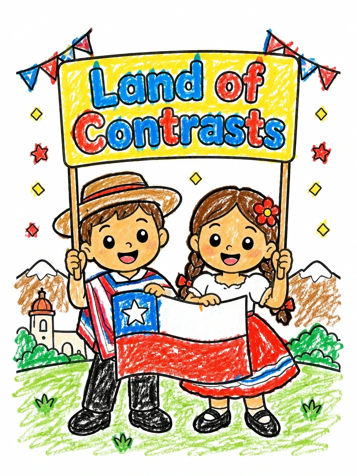 Colored example of the Chilean Children With National Flag coloring page
