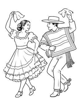 A couple dancing cueca in traditional attire on this chile coloring page.