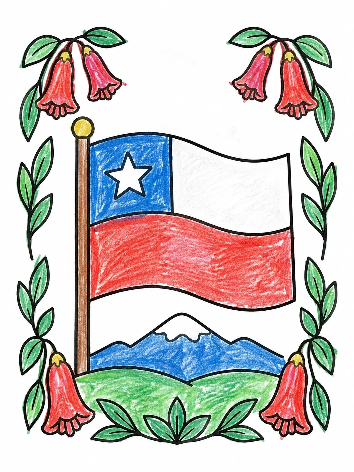 Colored example of the Chilean Flag And Copihue Border coloring page