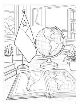 A study desk featuring a globe, open atlas, and Chilean flag in this chile coloring page.