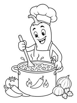 A cartoon chef chili pepper stirs a bubbling pot in this chili peppers coloring page.