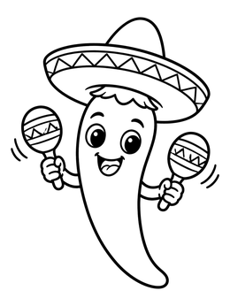 Free printable Happy Chili Pepper With Sombrero And Maracas coloring page