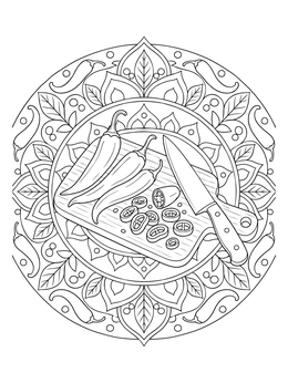 A detailed chili peppers coloring page featuring chopped slices, whole chilies, and a knife over a mandala.