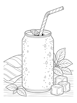 Refreshing soda coloring page with an open can, ice cubes, mint leaves, and a striped straw.