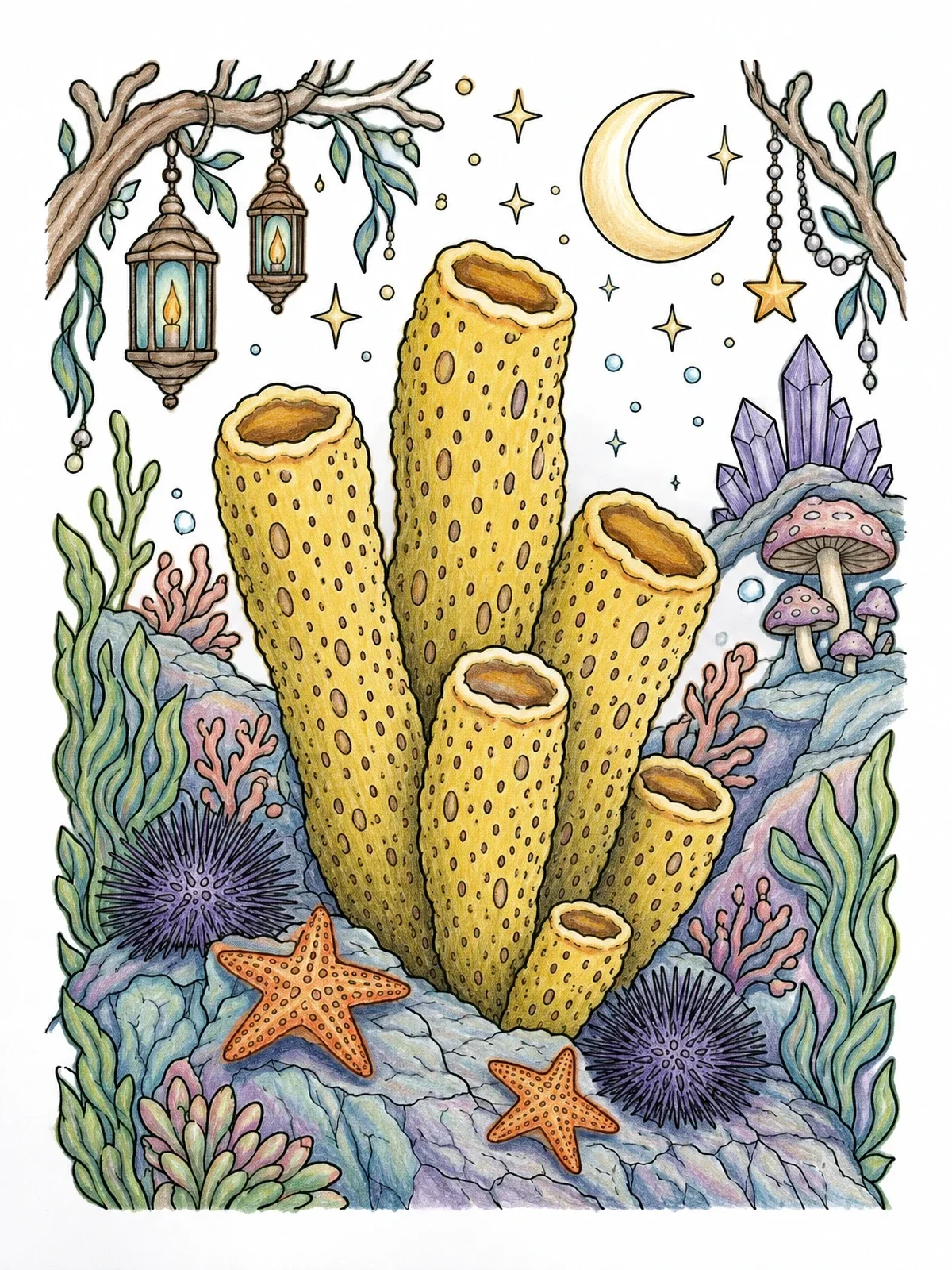 Colored example of the Chimney Sponges And Whimsical Ocean Flora coloring page