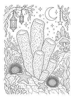 Whimsical sea sponge coloring page with tube sponges, starfish, and lanterns under the moon.