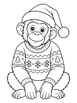 A cheerful chimpanzee wearing a festive patterned sweater on this christmas monkey coloring page.