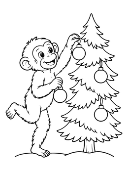 Free printable Playful Chimpanzee Decorating Christmas Tree coloring page